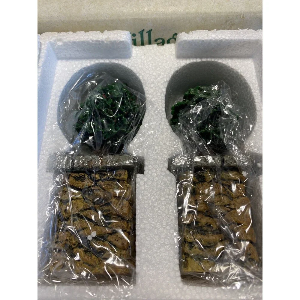 Dept 56 - Snow Village Stone Corner Post w/ Holly Tree  - 52649 - Set of 2 -NOS